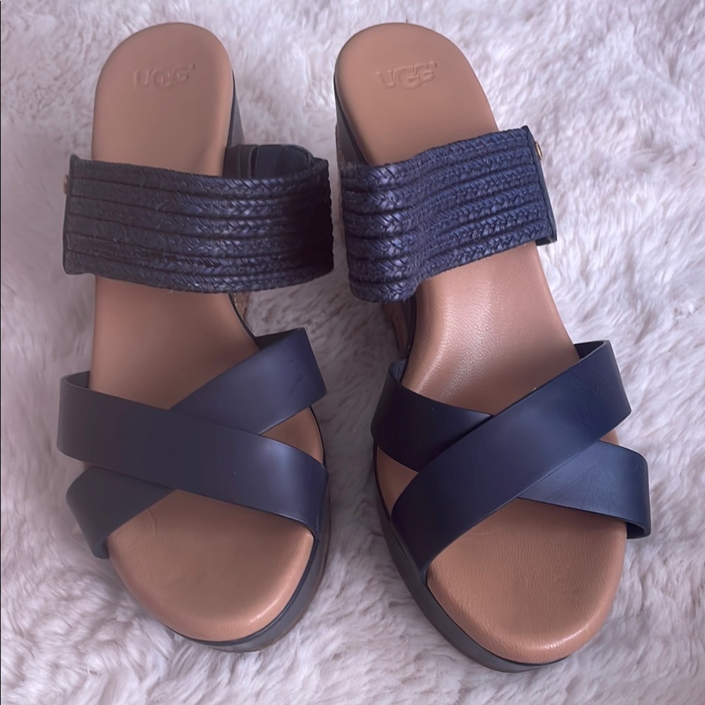 UGG Blue Tan Wedge Sandals with Textured Straps